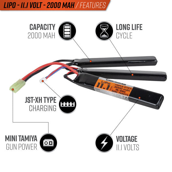 Bateria Valken LiPo 11.1v 2000mAh 15C/25C Triple Split Airsoft