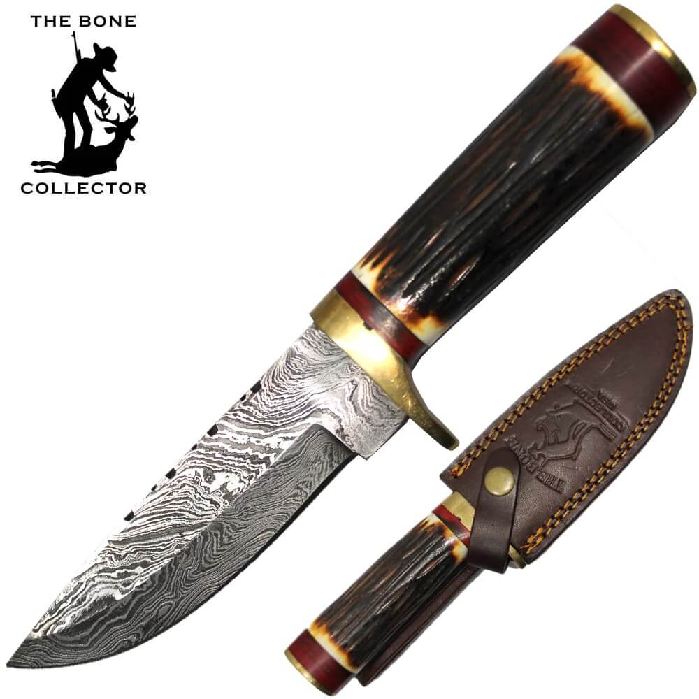 CUCHILLO 10" DAMASCUS BONE COLLECTOR MANGO DE HUESO DE BOVINO CON FUNDA DE CUERO