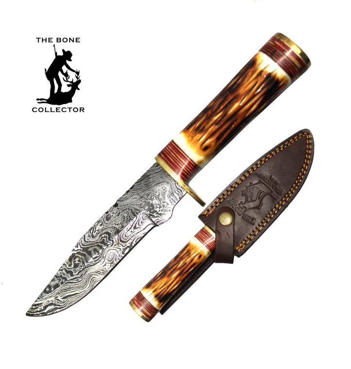 CUCHILLO 10" DAMASCUS BONE COLLECTOR MANGO DE HUESO DE BOVINO CON FUNDA DE CUERO