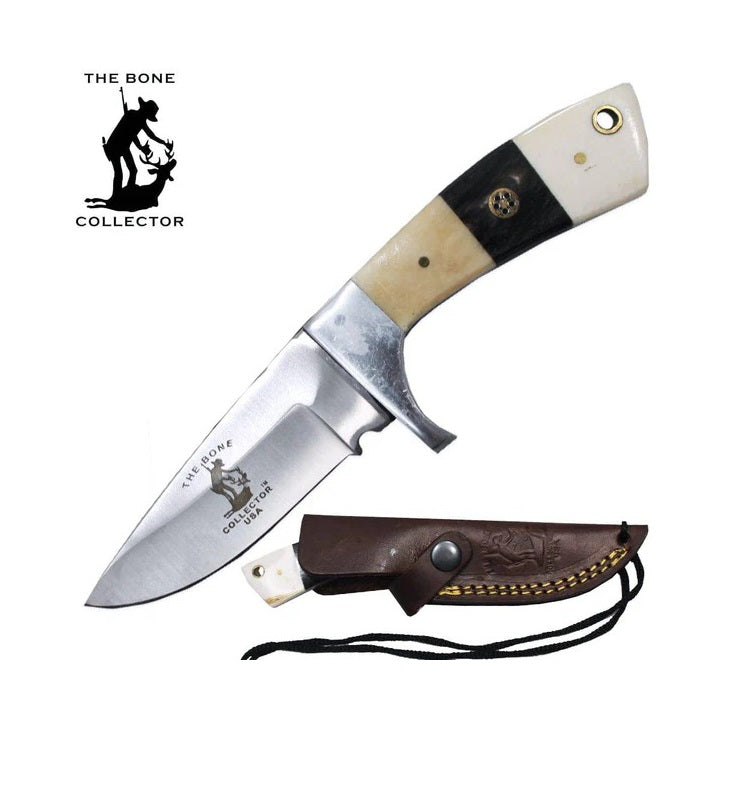 CUCHILLO 6.5" BONE COLLECTOR DE HUESO BLANCO CON MANGO DE VACUNO, FUNDA DE CUERO Y CORDON