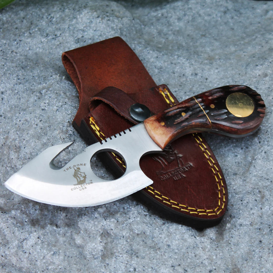 CUCHILLO 7" BONE COLLECTOR CON MANGO DE HUESO Y GANCHO PARA DESTRIPAR