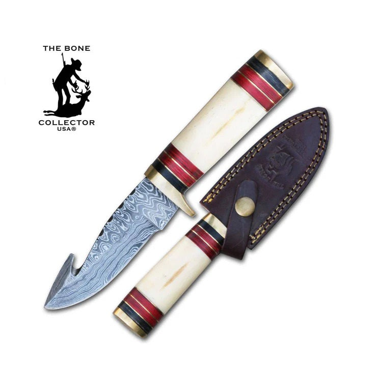 CUCHILLO 8" DAMASCUS BONE COLLECTOR MANGO DE HUESO DE BOVINO CON FUNDA DE CUERO
