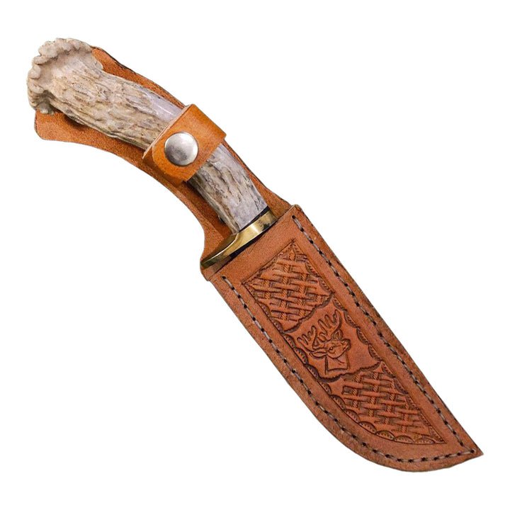 CUCHILLO AJE PARRILLERO CAZADOR 5.5" MANGO CUERVO CUERNO DE VENADO ACABADO SEMIPIEDRA