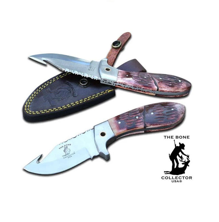 CUCHILLO CON GANCHO DESTRIPADOR 8" BONE COLLECTOR CON MANGO DE HUESO DE BOVINO ROSA Y FUNDA DE CUERO