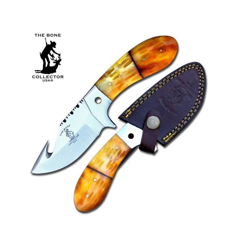 CUCHILLO CON GANCHO DESTRIPADOR 8" BONE COLLECTOR CON MANGO DE HUESO Y FUNDA DE CUERO