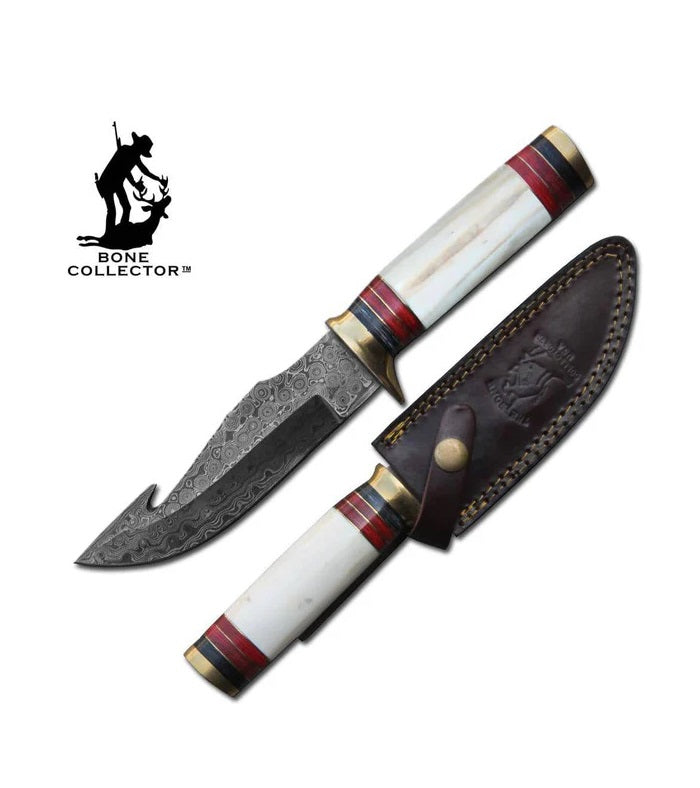 CUCHILLO DE CAZA 10" BONE COLLECTOR CON MANGO DE HUESO Y HOJA DE DAMASCO CON FUNDA DE CUERO