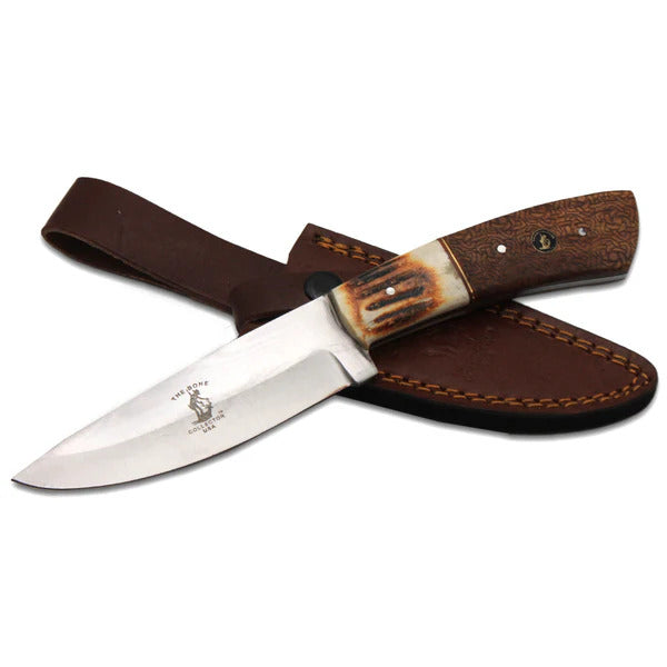 CUCHILLO DE CAZA CON MANGO DE BOVINO Y PALISANDRO CON FUNDA DE CUERO