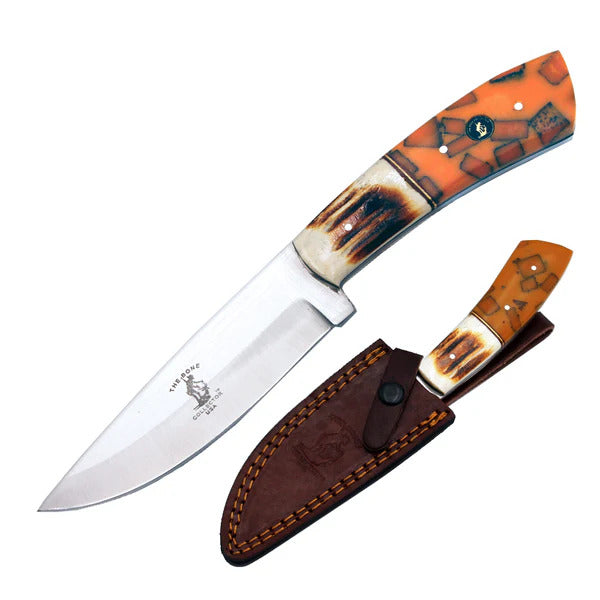 CUCHILLO DE CAZA CON MANGO DE RESINA AMARILLA Y BOVINO QUEMDO
