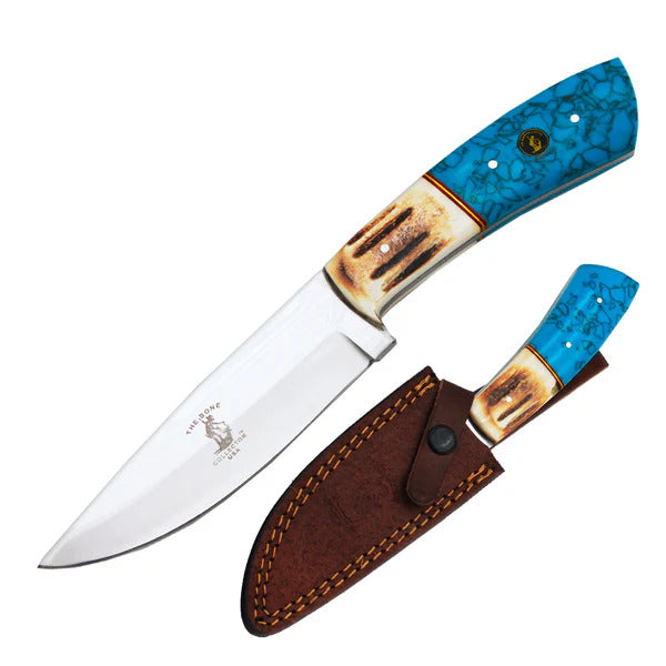 CUCHILLO DE CAZA CON MANGO DE RESINA DE BOVINO Y TURQUESA