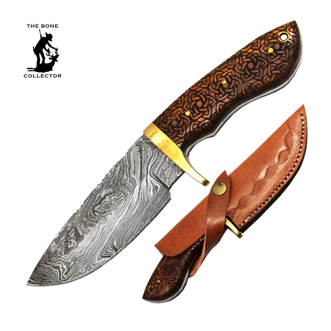 CUCHILLO DE CAZA DAMASCO DE 8" CON FUNDA DE CUERO BONE COLLECTOR