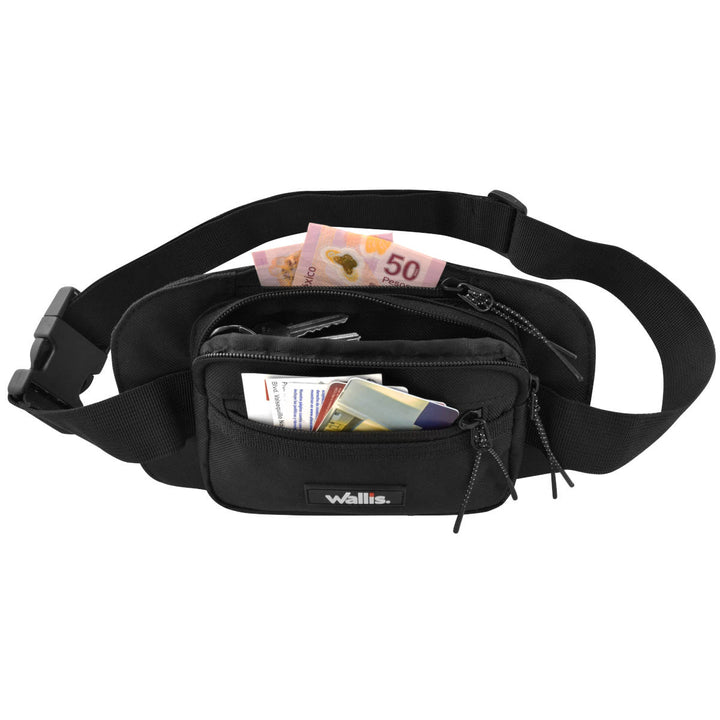 Cangurera unisex con  3 compartimientos, correa ajustable, negro