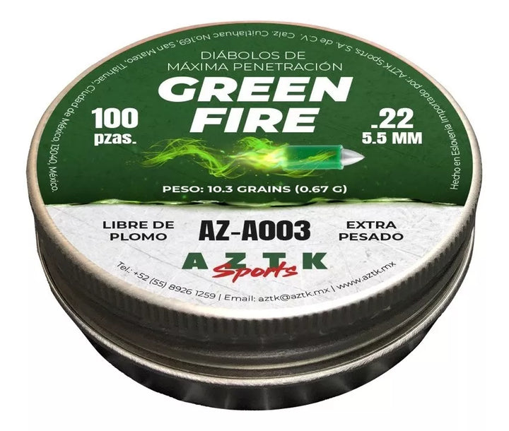 DIABOLO AZTK GREEN FIRE CALIBRE 22 (5.5mm) 10.3gr 100 Piezas