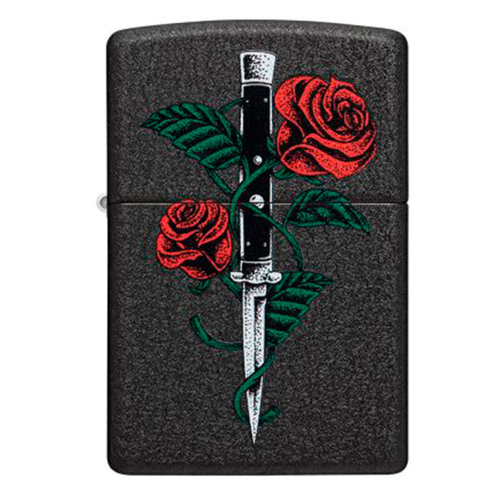 ENCENDEDOR ZIPPO NEGRO CRACKEADO TATUAJE DAGA CON ROSAS