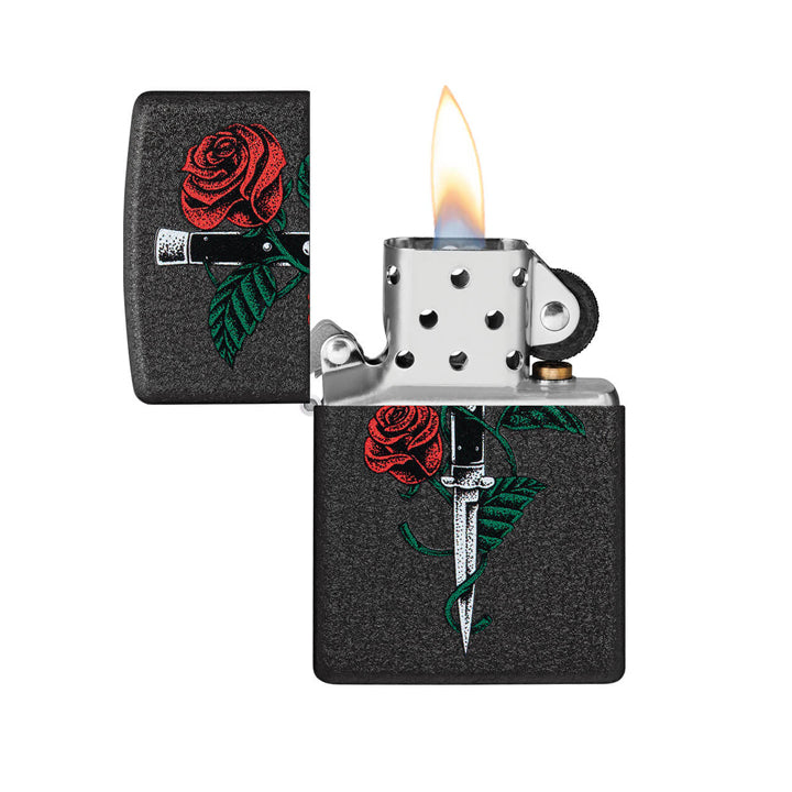 ENCENDEDOR ZIPPO NEGRO CRACKEADO TATUAJE DAGA CON ROSAS