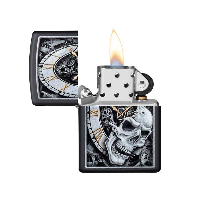 ENCENDEDOR ZIPPO NEGRO MATE DISEÑO RELOJ DE CALAVERA