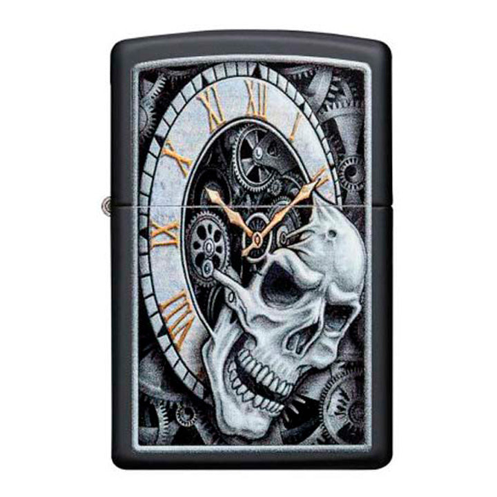 ENCENDEDOR ZIPPO NEGRO MATE DISEÑO RELOJ DE CALAVERA