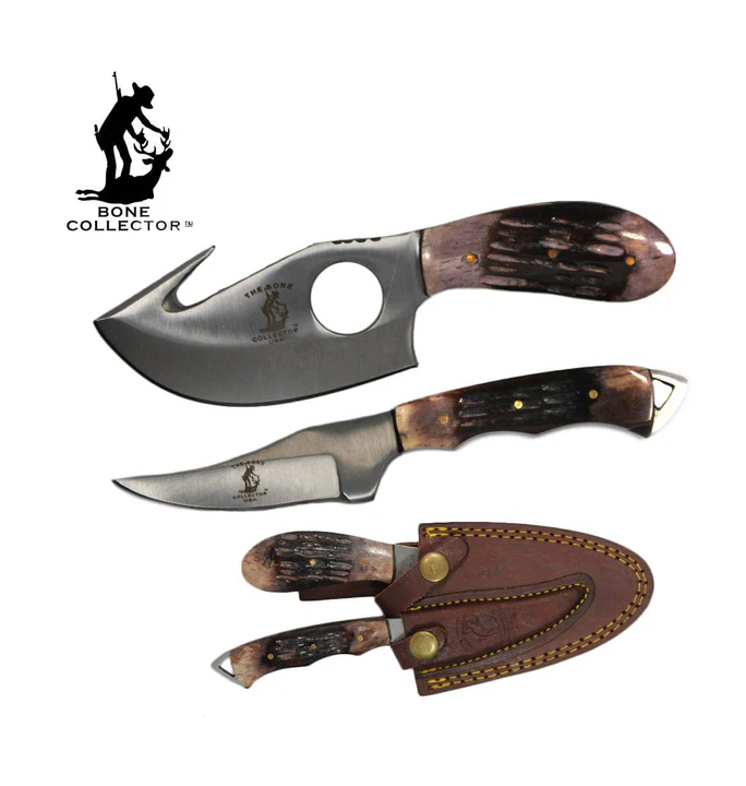 JUEGO DE 2 CUCHILLOS 7" BONE COLLECTOR CON MANGO DE HUESO Y FUNDA DE CUERO