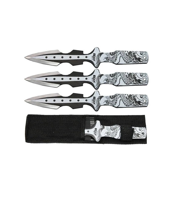 JUEGO DE 3 CUCHILLOS 6.5"CON MANGO DE ESTAMPADO DE DRAGON Y FUNDA DE NAILON