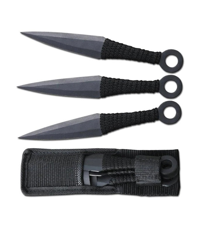 JUEGO DE 3 CUCHILLOS 6.5" CON MANGO DE METAL ENVUELTO EN CORDON Y FUNDA DE NAILON