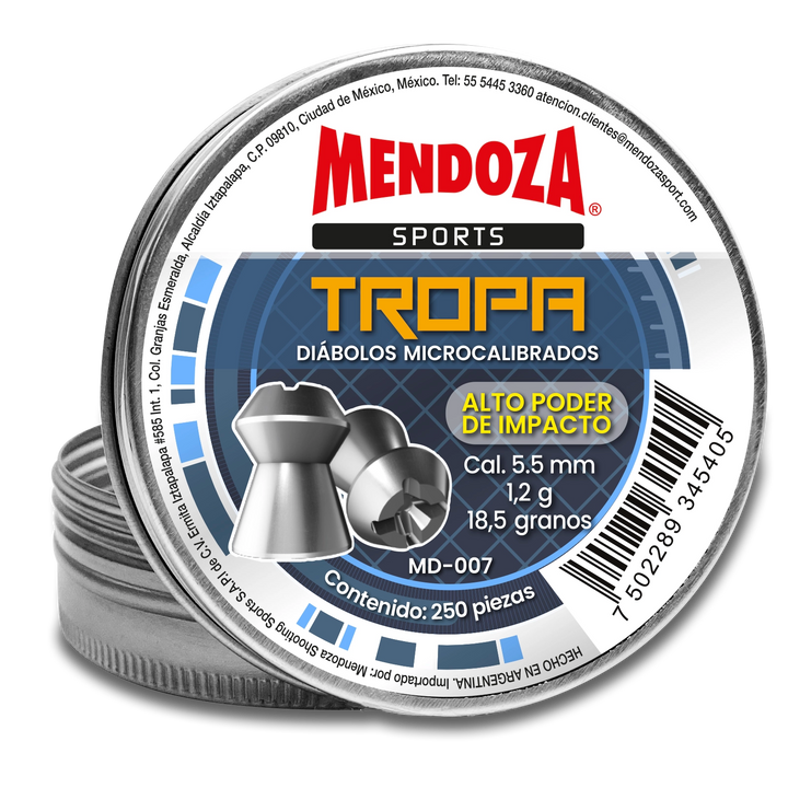 DIABOLO MENDOZA TROPA CON PUNTA DE DOMO CALIBRE .22(5.5mm) 18.5gr 250 Piezas