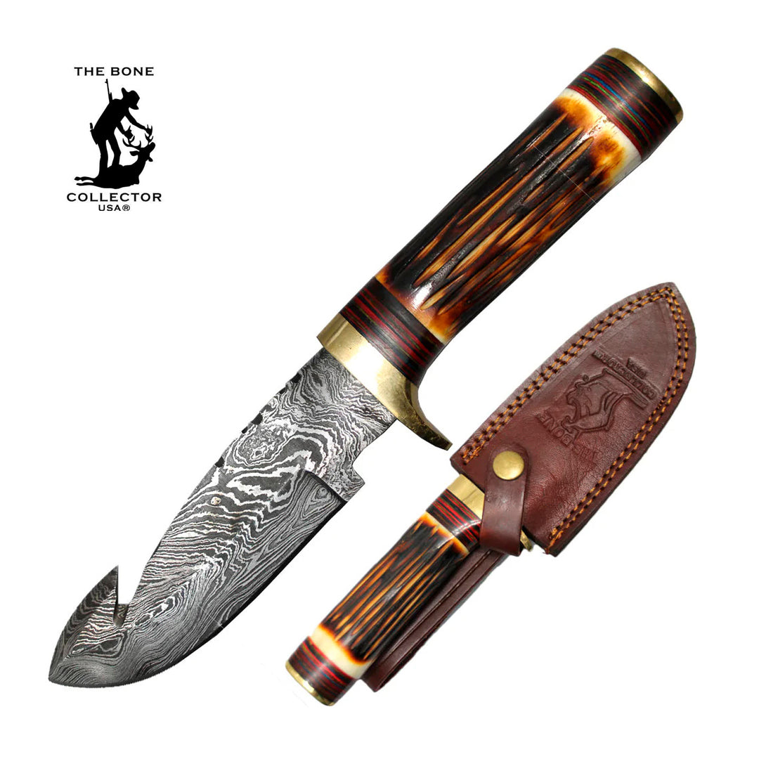 CUCHILLO 10" DAMASCUS GUT HOOK BLADE BONE COLLECTOR BURN BOVINE FUNDA DE CUERO