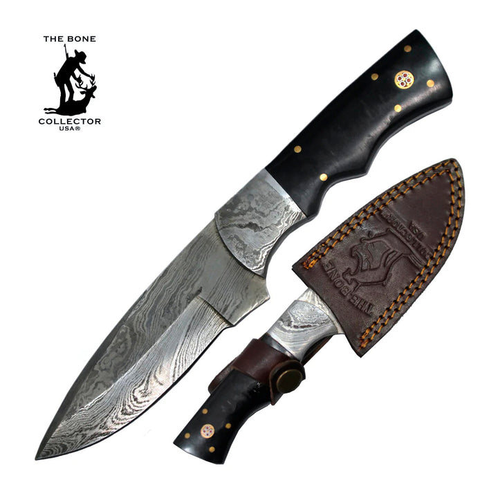 CUCHILLO BONE COLLECTOR 8" DAMASCUS BLADE BLACK BOVINE HORN HANDLE