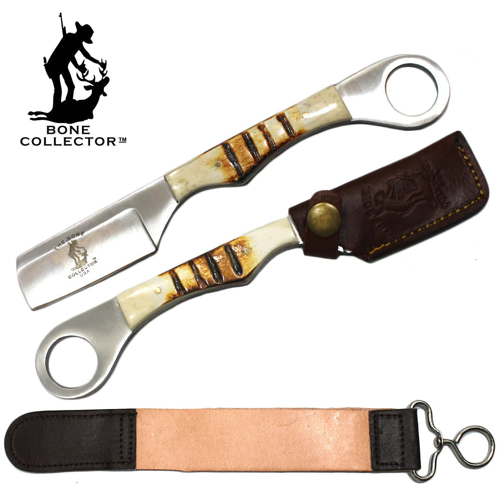 NAVAJA DE AFEITAR 8" BONE HANDLE RAZOR CON CUERO PARA AFILAR