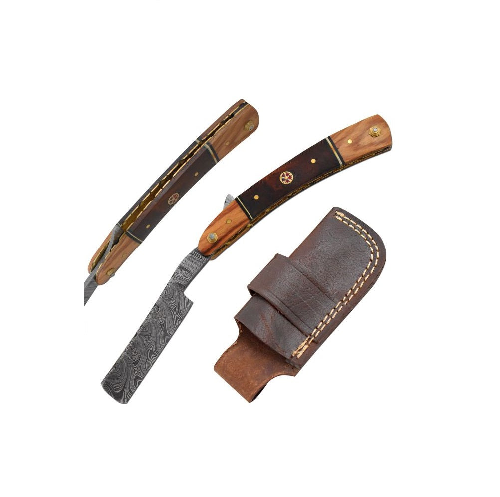 NAVAJA DE AFEITAR RECTA OLD RAM 9.5" MANGO DAMASCO CON FUNDA DE CUERO