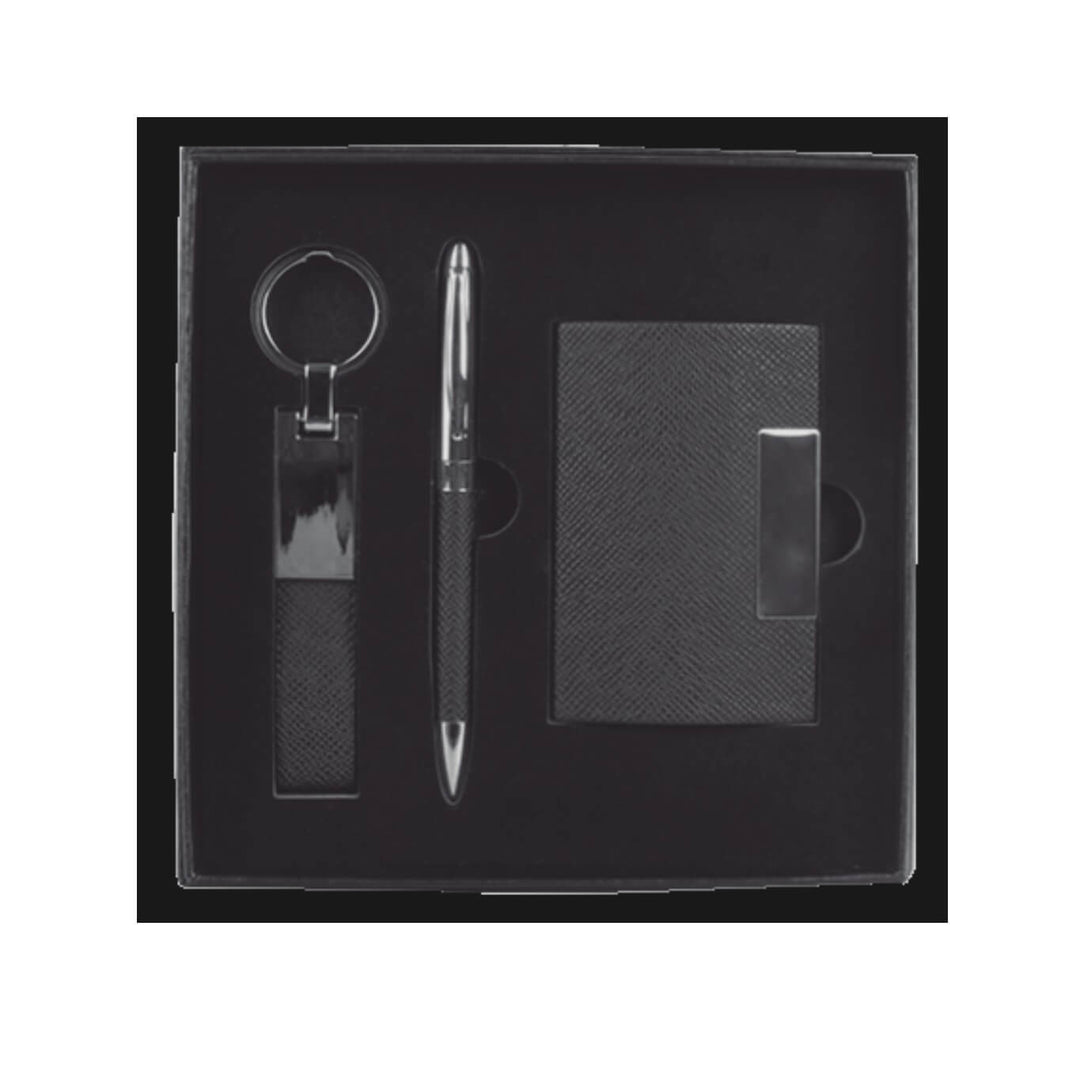 SET BOLIGRAFO, LLAVERO Y TARJETERO EN PU NEGRO