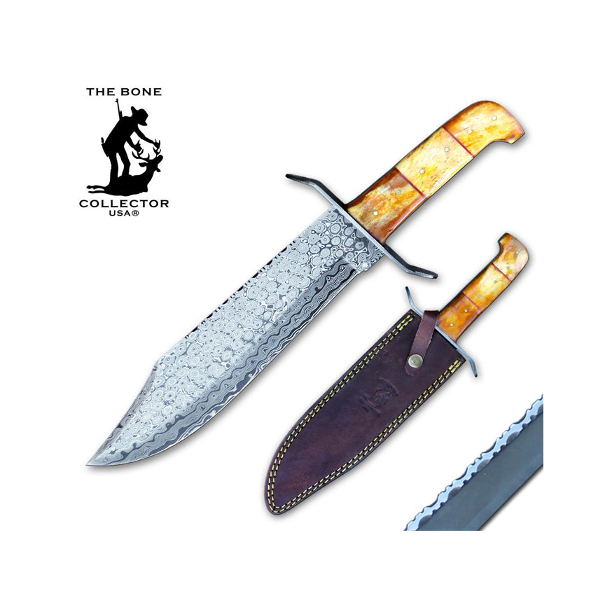 CUCHILLO BOWIE DE DAMASCO DE 15" AMARILLO CON FUNDA DE CUERO