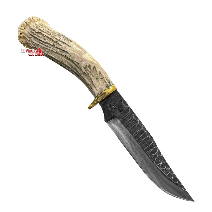 CUCHILLO AJE PARRILLERO CAZADOR 6.5" CUERNO DE VENADO Acabado SEMIPIEDRA con Funda de cuero