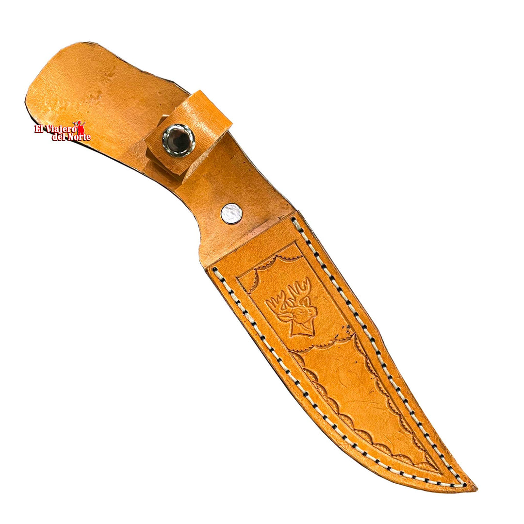 CUCHILLO AJE PARRILLERO CAZADOR 6.5" CUERNO DE VENADO Acabado SEMIPIEDRA con Funda de cuero