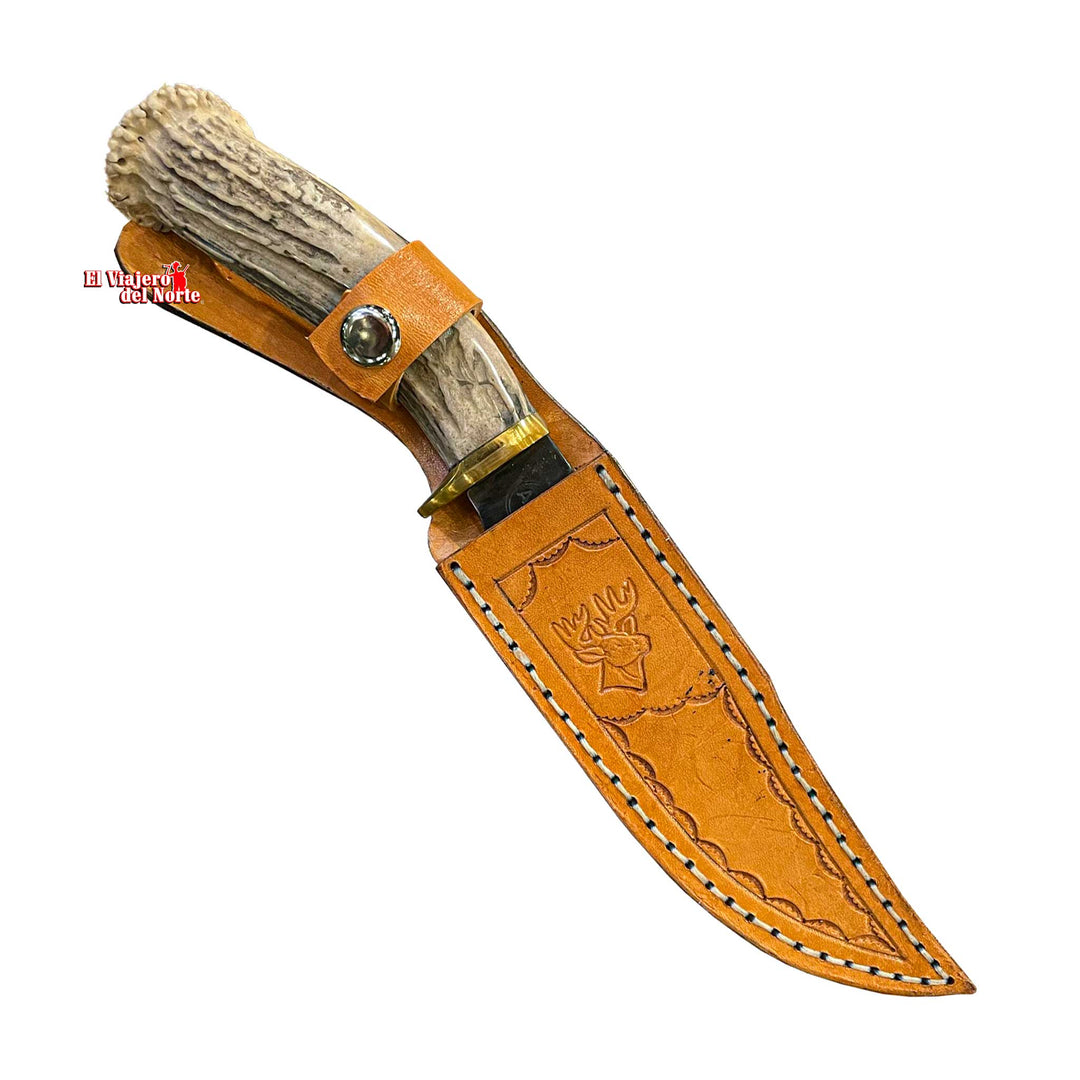 CUCHILLO AJE PARRILLERO CAZADOR 6.5" CUERNO DE VENADO Acabado SEMIPIEDRA con Funda de cuero