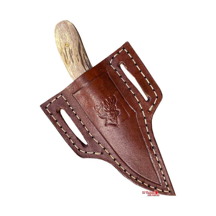 CUCHILLO AJE PEQUE I parrillero cazador 4" CUERNO DE VENADO Acabado SEMIPIEDRA con Funda tipo Pistola