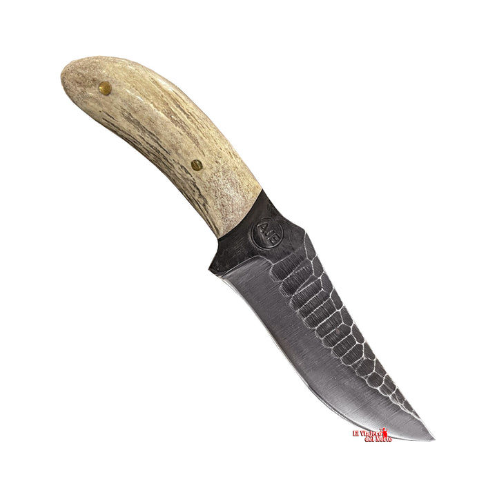 CUCHILLO AJE PEQUE II parrillero cazador 4.5" CUERNO DE VENADO Acabado SEMIPIEDRA con Funda tipo Pistola