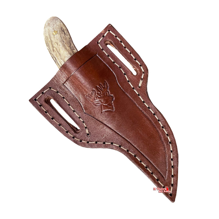 CUCHILLO AJE PEQUE II parrillero cazador 4.5" CUERNO DE VENADO Acabado SEMIPIEDRA con Funda tipo Pistola