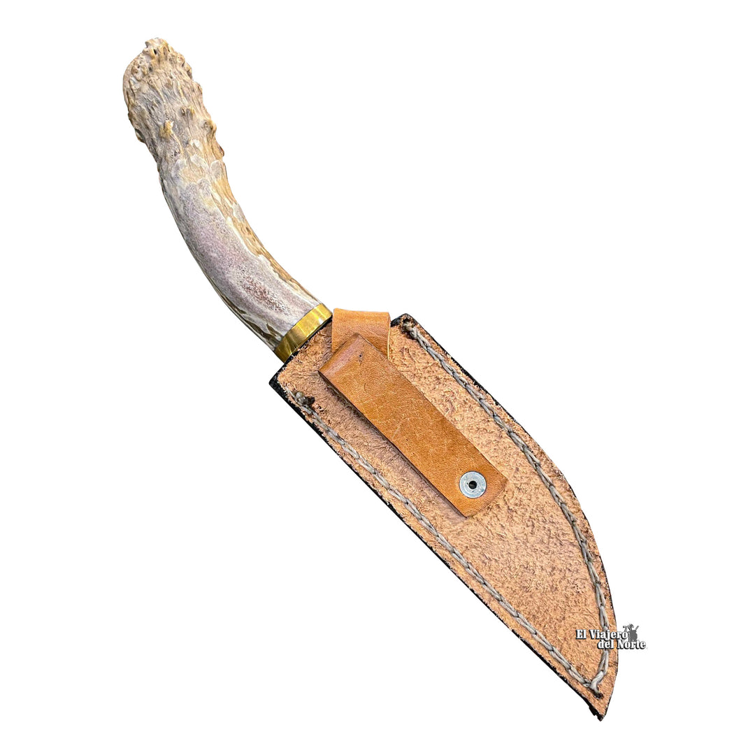 CUCHILLO AJE 6.1" PARRILLERO CAZADOR CUERNO DE VENADO CON FUNDA DE CUERO