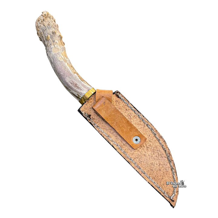 CUCHILLO AJE 6.1" PARRILLERO CAZADOR CUERNO DE VENADO CON FUNDA DE CUERO
