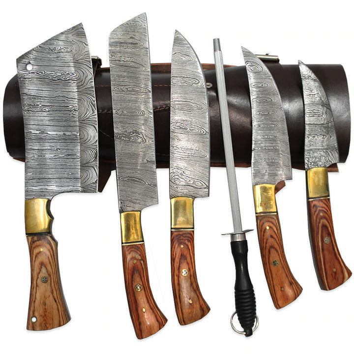 SET DE CUCHILLOS CARNICERO ACERO DAMASCO BROWN WOOD HANDLE
