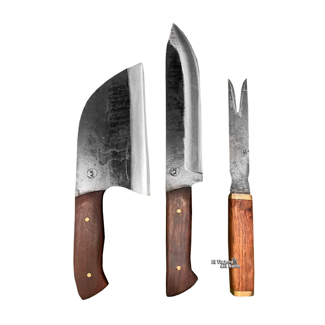 SET PARRILLERO AJE DE 3PIEZAS (CUCHILLO, HACHA, TRINCHE) DE MADERA