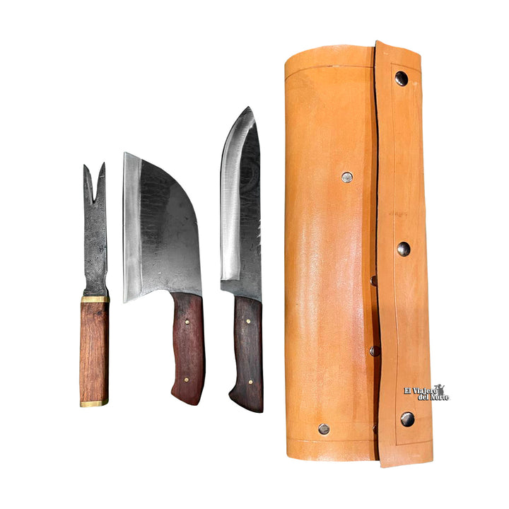 SET PARRILLERO AJE DE 3PIEZAS (CUCHILLO, HACHA, TRINCHE) DE MADERA
