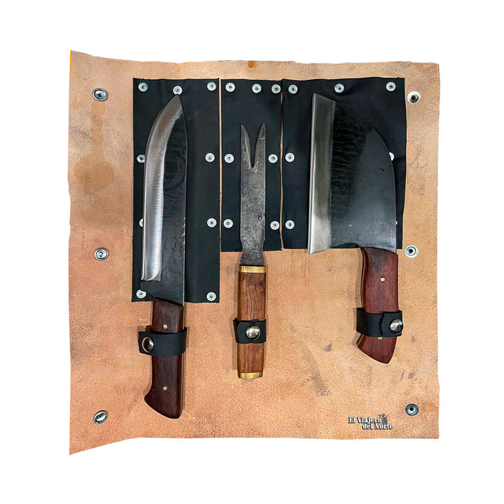 SET PARRILLERO AJE DE 3PIEZAS (CUCHILLO, HACHA, TRINCHE) DE MADERA