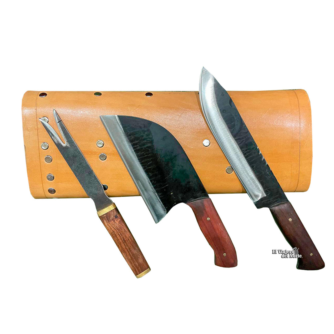 SET PARRILLERO AJE DE 3PIEZAS (CUCHILLO, HACHA, TRINCHE) DE MADERA