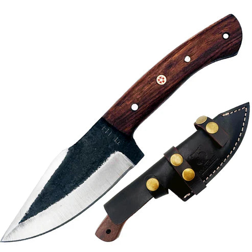 CUCHILLO TWIN TREE 4.55" Black Scale Wood with Leather Sheath