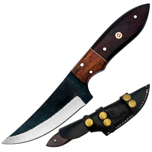 CUCHILLO TWIN TREE 4.5" Black Scale BROWN Wood with Leather Sheath