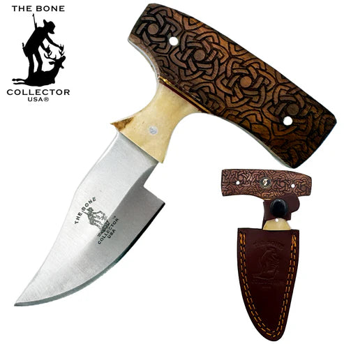 CUCHILLO 5" Bone Collector Carved Wood CON FUNDA DE PIEL