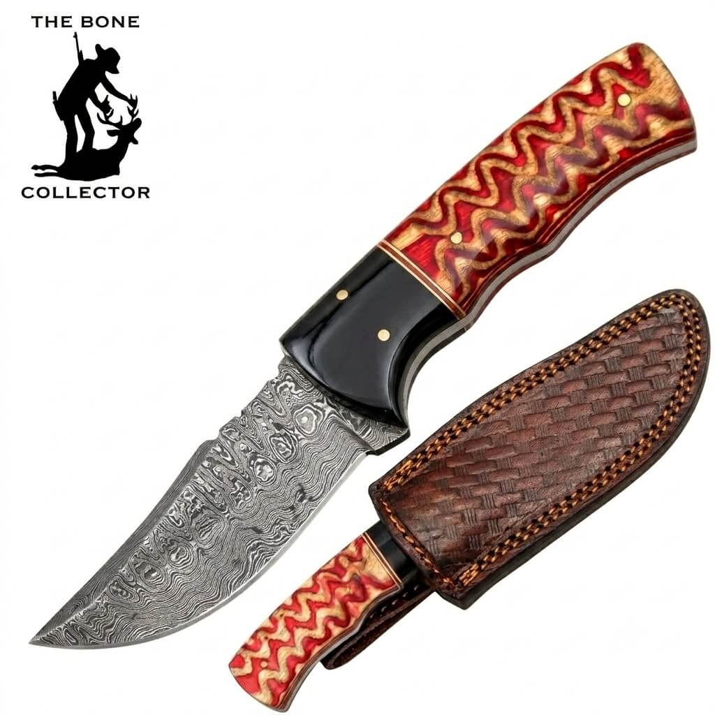 CUCHILLO BONE COLLECTOR 8" DAMASCUS BLADE PAKKAWOOD HANDLE rojo claro