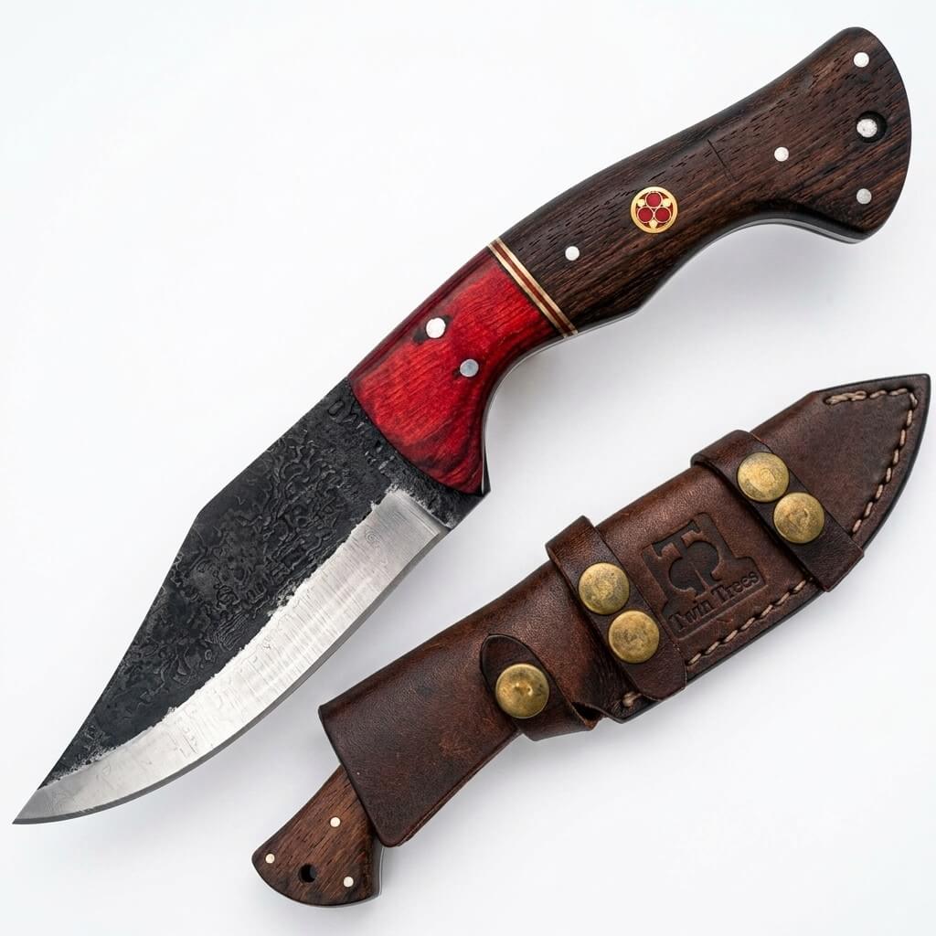 CUCHILLO TWIN TREE 4.5" Black Scale Red Wood with Leather Sheath