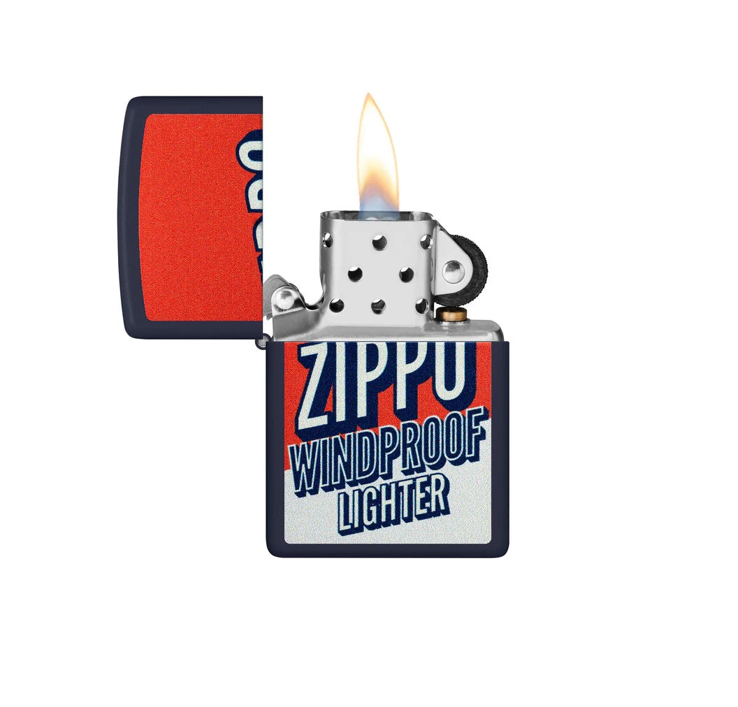 ENCENDEDOR ZIPPO AZUL MARINO MATE DISEÑO ESLOGAN VINTAGE