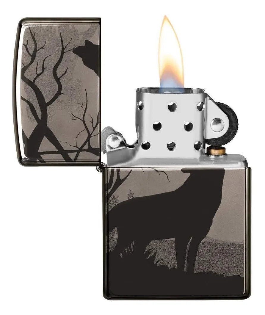 ENCENDEDOR ZIPPO BLACK ICE IMPRESIÓN 360 LOBOS Y NOCHE